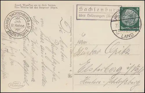 Landpost-Stempel Sachsenburg über HELDRUNGEN  LAND 21.5.1934 auf passender AK