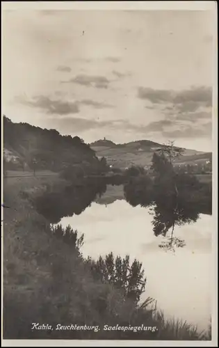 Landpost-Stempel Seitenroda über KAHLA auf AK Saalespiegelung SSt KAHL 29.8.1938