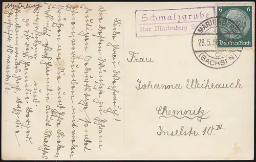 Temple de la poste de campagne Schmalzgrube sur MARIENBERG (SAXSEN) 28.5.36 sur AK Ponorama