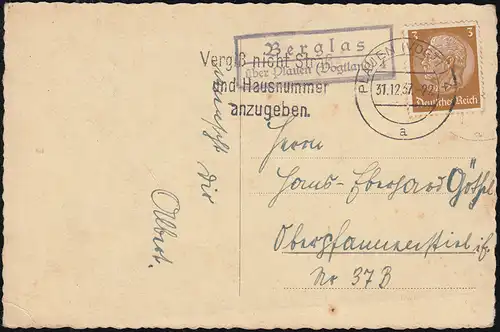 Landpost-Stempel Berglas über PLAUEN (VOIGTLAND) 31.12.1937 auf Neujahr-AK