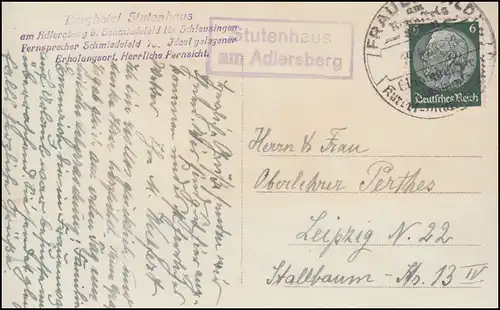 Landpost-Stempel Stutenhaus am Adlersberg auf AK Berghotel, SSt FRAUENWALD 1939