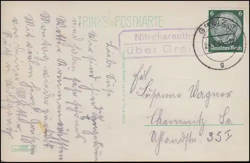 Landpost-Stempel Nitschareuth GREIZ 24.7.35 auf AK Neumühle vom Schleberhäuschen