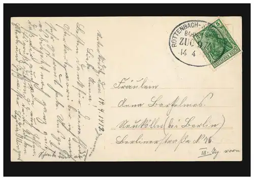 Post de chemin de fer ROTTENBACH - LA LACE (TH) ZUG 974 - 14.4.1913 sur les femmes-AK