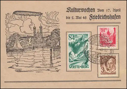 Wurtemberg Carte commémorative Semaines culturelles SSt FRIEDRICHSHAFEN 25.4.1948