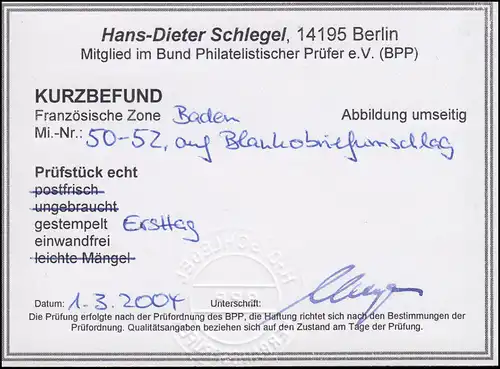 50-52 Carl Schurz, Satz auf Blanko-FDC RASTATT 24.8.49, Kurzbefund Schlegel BPP