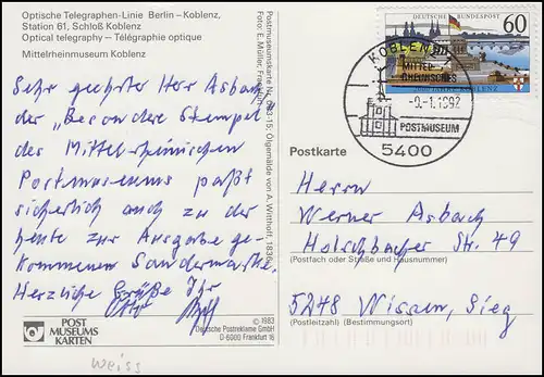 1583x Koblenz ohne Fluoreszenz als EF auf Ansichtskarten-FDC ESSt KOBLENZ 9.1.92