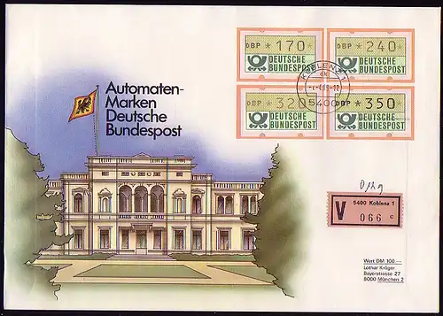 1.1. ATM-Ergänzungswerte 170/240/320/350 Pf auf Wert-FDC KOBLENZ 1.4.1989