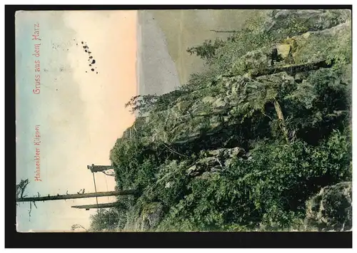 AK Gruss aus dem Harz: Hahnenkleer Kippen, BROCKEN 15.7.1906 nach HILDESHEIM 