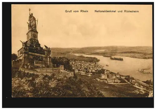 AK Salut du Rhin: Monument national et Rüdesheim, maison d'édition K.S.M., non utilisé