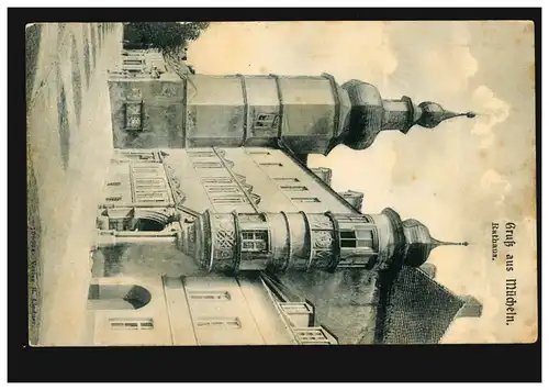 AK Gruß aus Mücheln: Rathaus, ungebraucht, fleckig