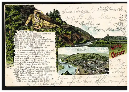 AK Gruss von der Weser, Musicien avec Mandoline, Wezerlied, couru en 1902