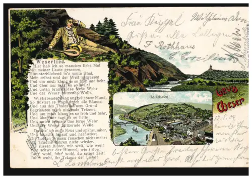 AK Gruss von der Weser, Musicien avec Mandoline, Wezerlied, couru en 1902