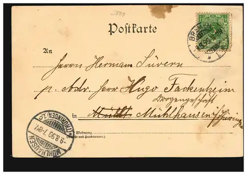 AK Gruss aus Bremen: Rathaus, 3.8.1899 nach MÜHLHAUSEN (THÜRINGEN) 9.8.99