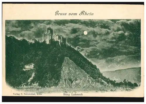AK Gruss du Rhin - Château de Lahneck à la pleine lune, non utilisé