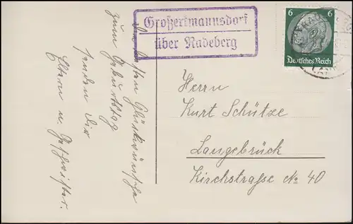 Landpost-Stempel Großertmannsdorf über RADEBERG 21.6.1934 auf Geburtstags-AK