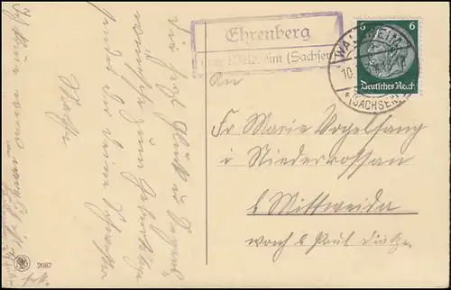 Landpost-Stempel Ehrenberg über WALDHEIM (SACHSEN) 10.7.1934 auf Geburtstags-AK