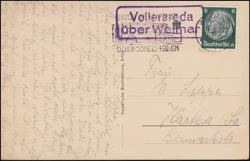 Landpost-Stempel Vollersroda über WEIMAR 9.6.33 auf AK Erfurt Lutherzelle