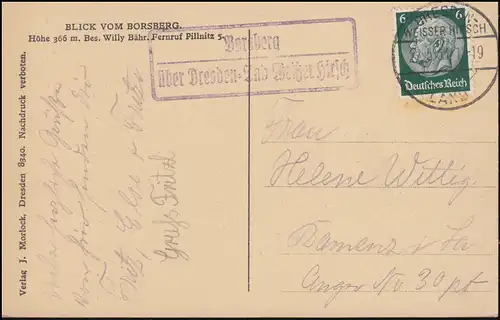 Landpost-Stempel Borsberg über DRESDEN-LAND WEISSER HIRSCH auf passender AK