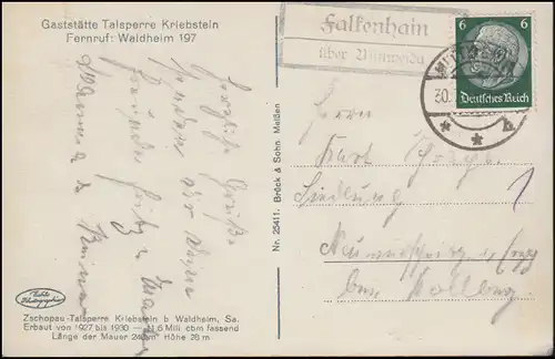 Landpost-Stempel Falkenhain über MITWEIDA 30.7.1935 auf AK Talsperre Kriebstein
