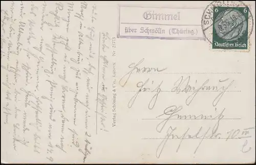 Landpost-Stempel Gimmel über SCHMÖLLN LAND 2.9.1935 auf AK Altenburg Schloss