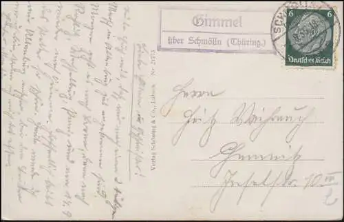 Landpost-Stempel Gimmel über SCHMÖLLN LAND 2.9.1935 auf AK Altenburg Schloss