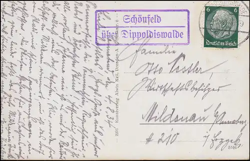 Landpost-Stempel Schönfeld über DIPPOLDISWALD LAND 4.8.1934 auf passender AK 
