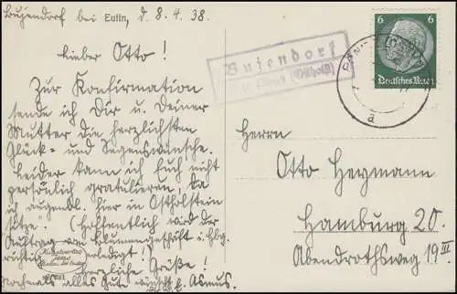 Landpost-Stempel Bujendorf über PÖNITZ (OSTHOLST) 8.4.38 auf AK Eutin Stadtbucht