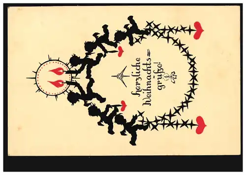 Scherenschnitt-AK Weihnachten Engel als Pyramide, SCHWARZENBACH (SAALE) 24.12.37