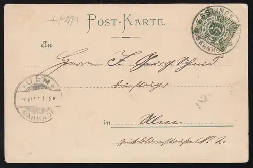 AK Gruss aus Esslingen: Brückenkapelle mit Georgiidenkmal, 10.11.1899 nach ULM