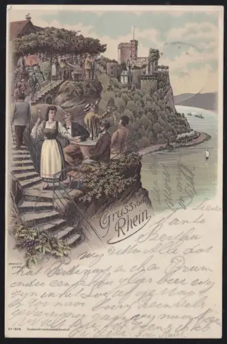 AK Gruss vom Rhein: Burg Rheinstein, TRECHTINGSHAUSEN 28.8.99 nach RUHRORT 28.8.