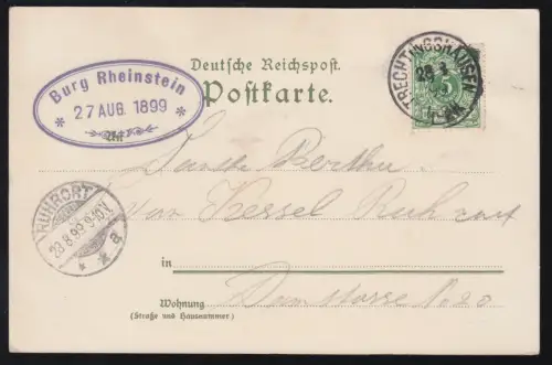 AK Gruss vom Rhein: Burg Rheinstein, TRECHTINGSHAUSEN 28.8.99 nach RUHRORT 28.8.