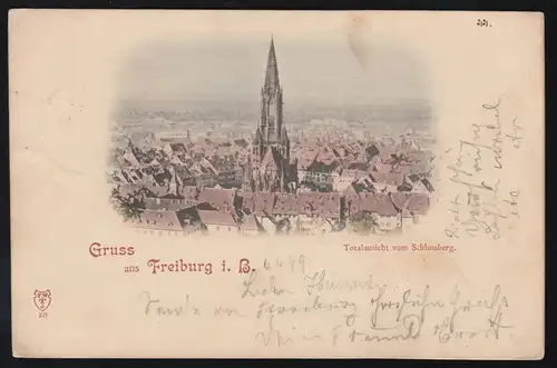 AK Gruss aus Freiburg im Breisgau: Totalansicht vom Schlossberg, 7.6.1899