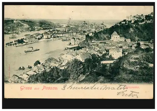 AK Gruss aus Passau: Panorama, PASSAU 2 - 8.4.1904 nach BRÜSSEL 9.4.04