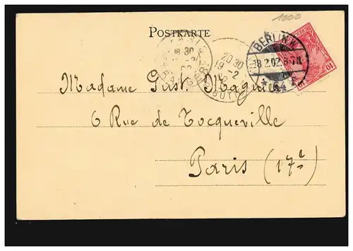 AK Gruss de Berlin: Hôtel de ville, BERLIN W. 64f 18.2.1902 après PARIS 19.2.02