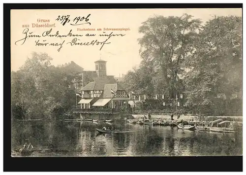 AK Gruß aus Düsseldorf: Fischerhaus am Schwanenspiegel, beschriftet 1906