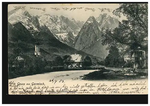 AK Gruss aus Garmisch Partie mit den Alpen, 28.7.1913 nach EISENSTEIN 29.7.13