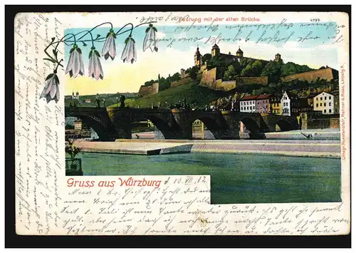 AK Gruss de Würzburg: Forteresse avec le vieux pont 10.6.1902 selon ANSBACH 10.6.2