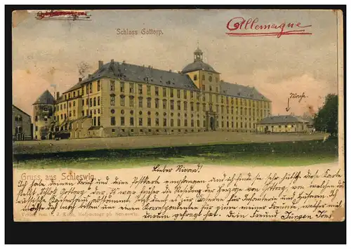 AK Gruss aus Schleswig: Schloss Gottorp, 25.8.1900 nach BEZIERS HERAULT 27.8.00