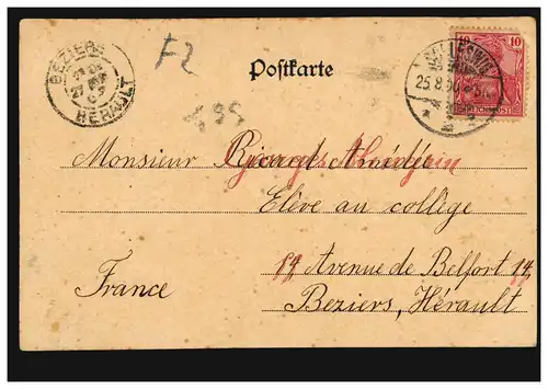 AK Gruss aus Schleswig: Schloss Gottorp, 25.8.1900 nach BEZIERS HERAULT 27.8.00