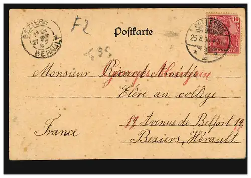 AK Gruss du Schleswig: Château de Gothorp, 25.8.1900 après BEZIERS HERAULT 27.8.00