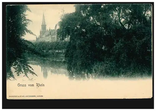 AK Gruss du Rhin, pression lumineuse vert sur carton de couleur racaille, non utilisé