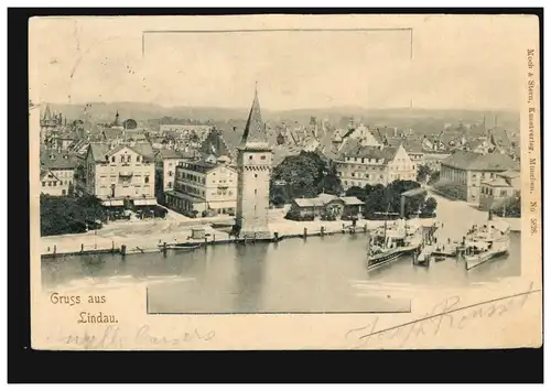 AK Gruss aus Lindau mit Mangturm vom Bodensee aus gesehen, gelaufen