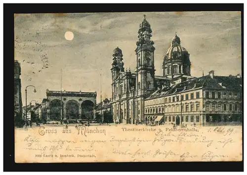 AK Gruss aus München: Theatinerkirche und Feldherrnhalle, 1.10.1899