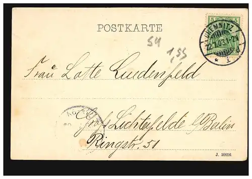 AK Gruss aus Chemnitz: Schlossteich, CHEMNITZ 1 d 22.7.1903