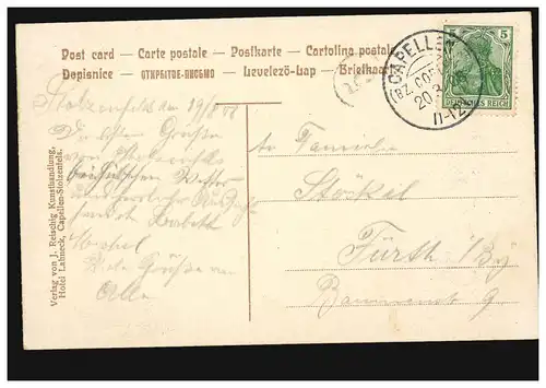 AK Gruss von Stolzenfels, CAPELLEN (BZ COBLENZ) 20.3.1908 vers Fürth