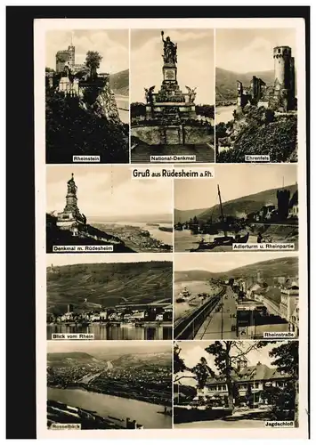 AK Salutation de Rüdesheim, 9 photos, timbres publicitaires Téléphone RÜDESHEIM 21.8.38