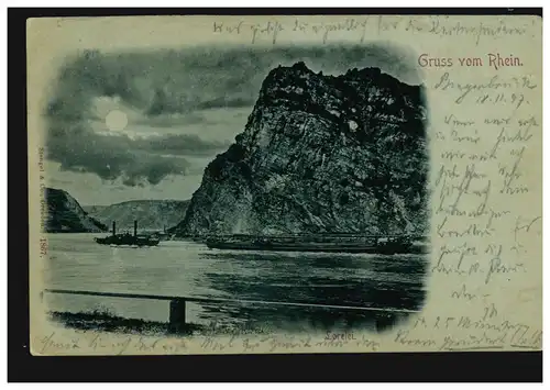 AK Gruß vom Rhein: Lorelei, 18.11.1897 nach KLETTENDORF-HARTLIEB 19.11.97