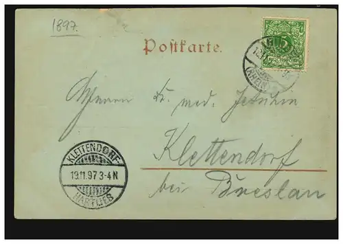 AK Salut du Rhin: Lorelei, 18.11.1897 vers KLETTENDORF-HARTLIEB 19.11.97