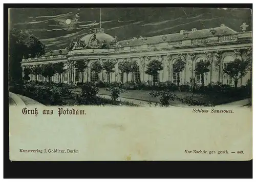 AK Gruß aus Potsdam: Schloss Sanssouci bei Nacht, Verlag Goldiner, ungebraucht