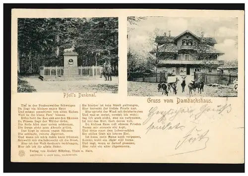 AK Gruse de la Maison du Dambach et le monument de Flèche, THALE (HARZ) 11.6.1904